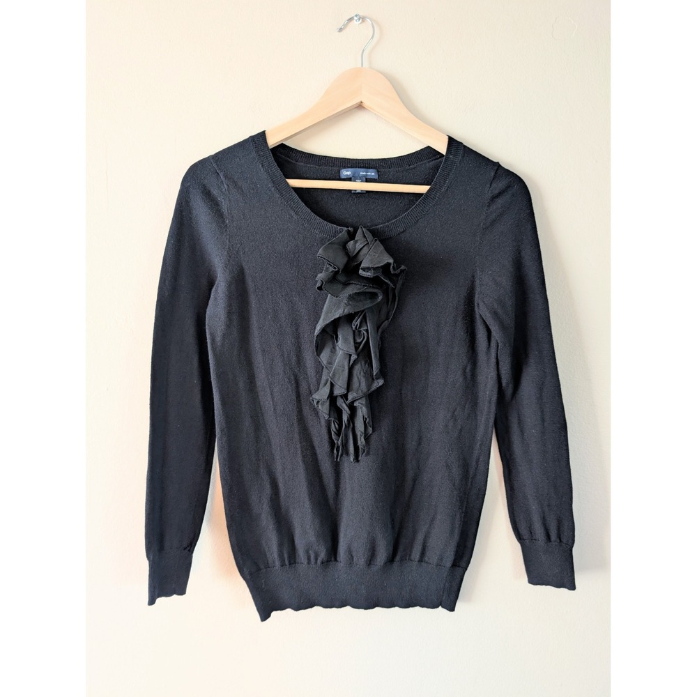 Gap Black Silk Blend Ruffle Sweater Petite Small Victorian Work Corporate‎ S